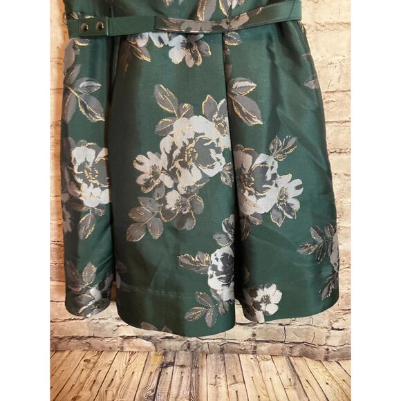 Eliza J Dress Womens 12 Petite‎ Forest Green Floral Gold Glitter Belted Party - Picture 7 of 16